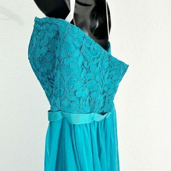 David's Bridal Strapless Lace Mesh Bridesmaid Above‎ Knee Dress Teal Size 8 - Picture 6 of 12
